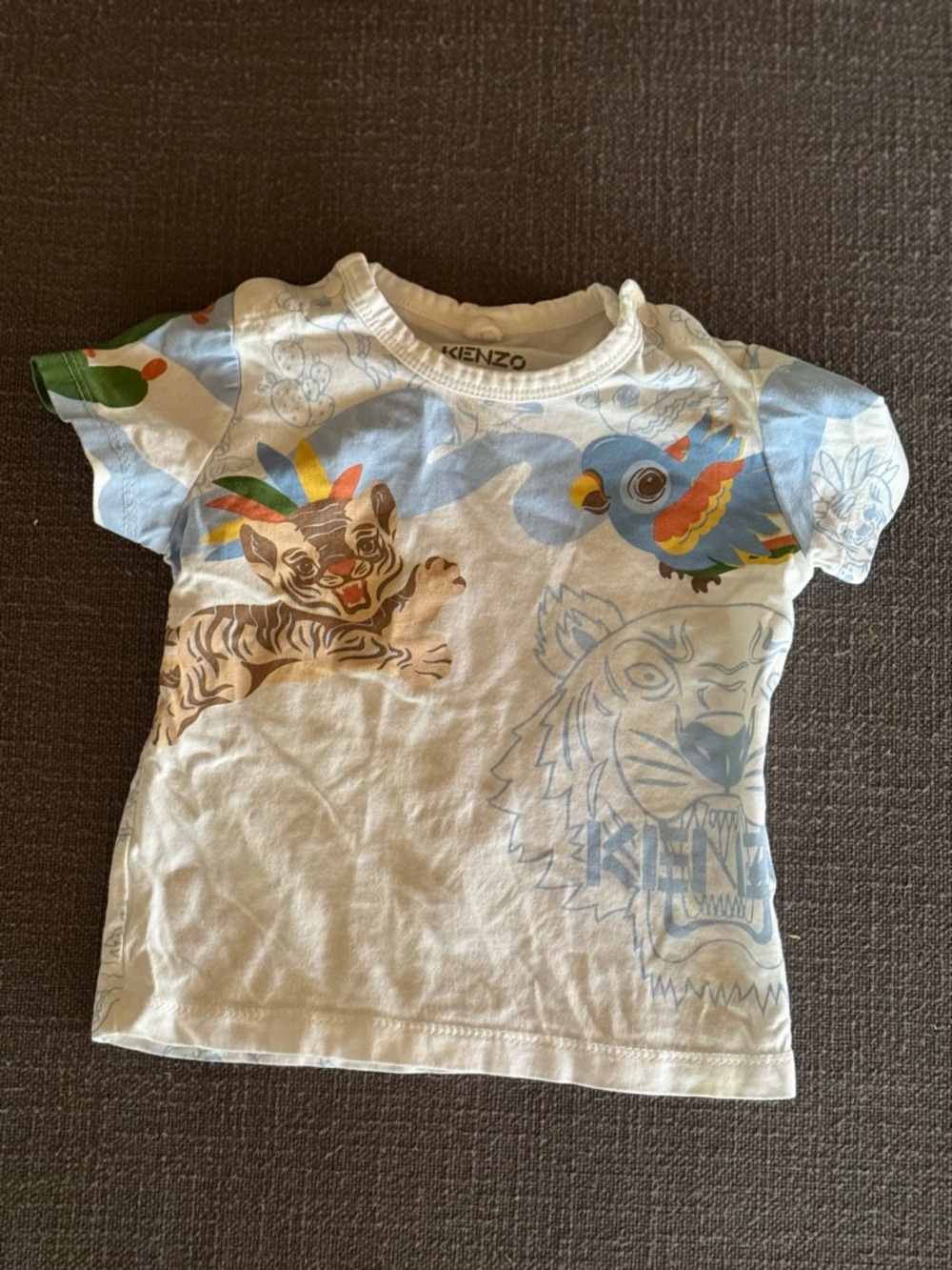 Kenzo Kids White Tee with Colorful Tiger & Parrot Graphics